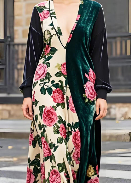Asymmetrical Patchwork Silk Velvet Maxi Dresses Spring