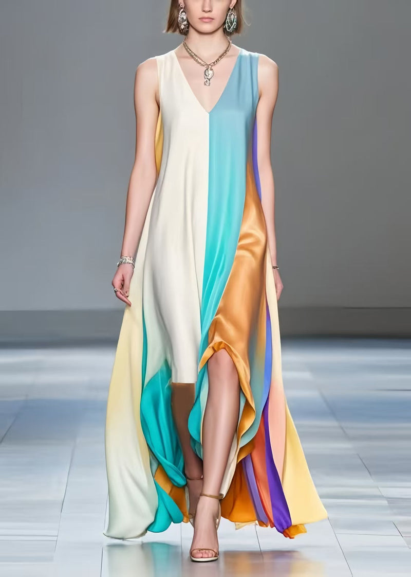 Asymmetrical Patchwork Silk a Line Dresses Sleeveless