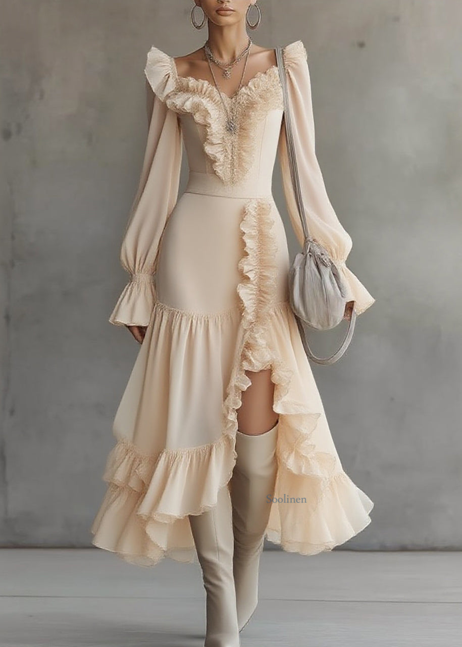 Asymmetrical Ruffled Patchwork Vacation Maxi Dresses Spring