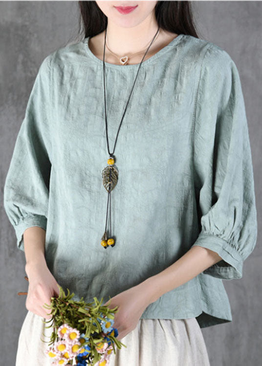 Baby Blue O-neck Jacquard Lantern Sleeve Fall Shirt Tops