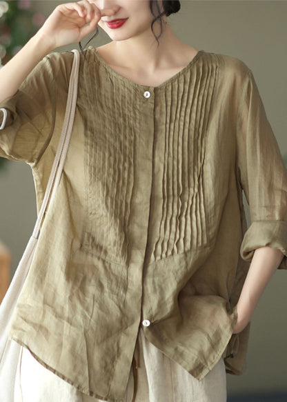 Beautiful Bean Green Solid O-Neck Button Linen Shirts Long Sleeve