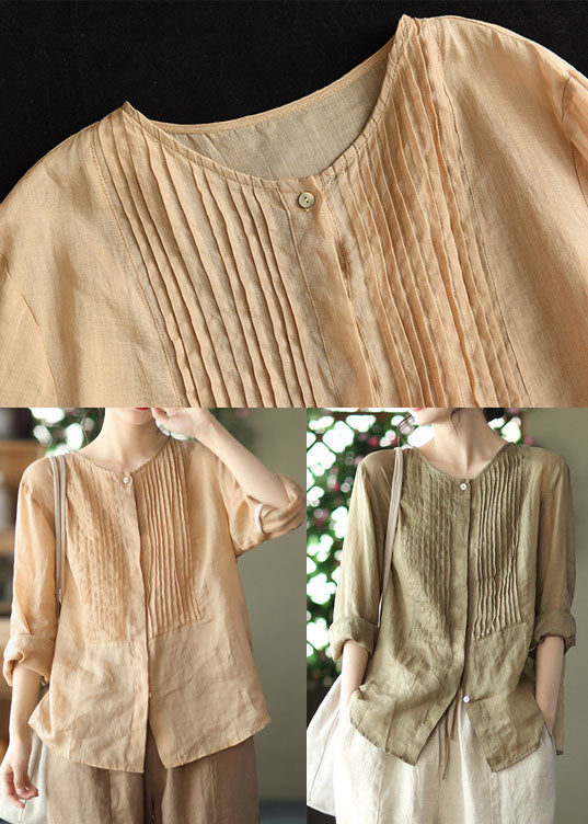 Bean Green O-neck Button Linen Shirts Long Sleeve