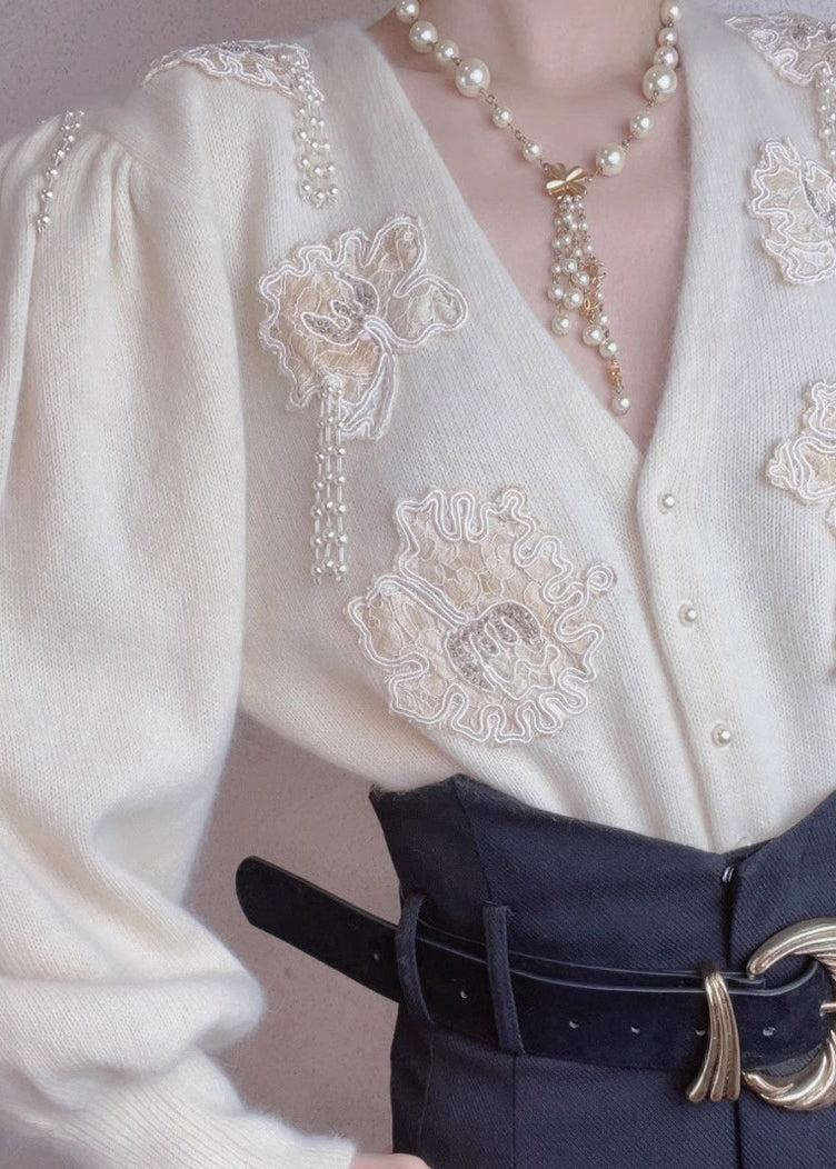 Beige Button Nail Bead Wool Top Fall