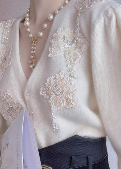 Beige Button Nail Bead Wool Top Fall