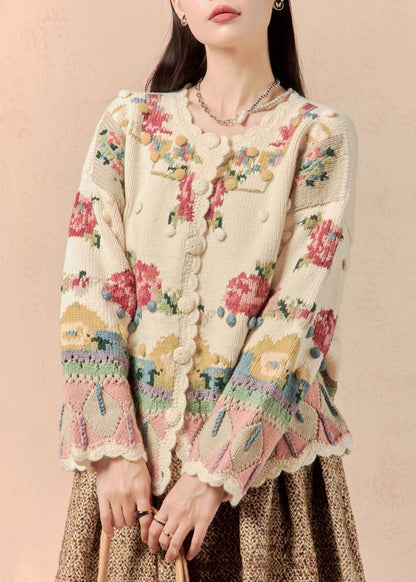 Beige Button Patchwork Knit Coats Winter