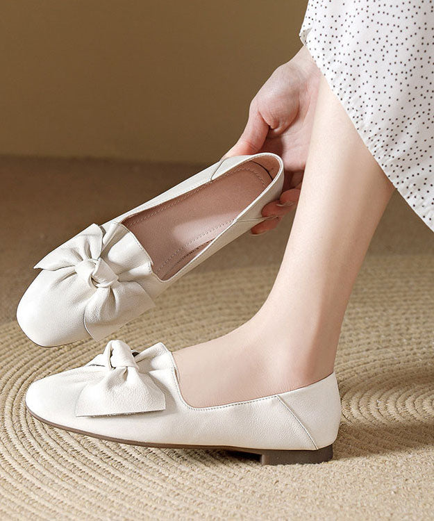 Beige Cowhide Leather Soft Flats Splicing Bow