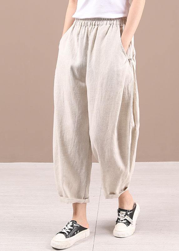 Beige Elastic Waist Pockets Pants Trousers Linen