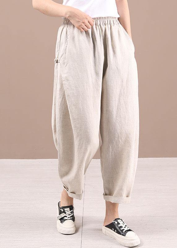 Beige Elastic Waist Pockets Pants Trousers Linen