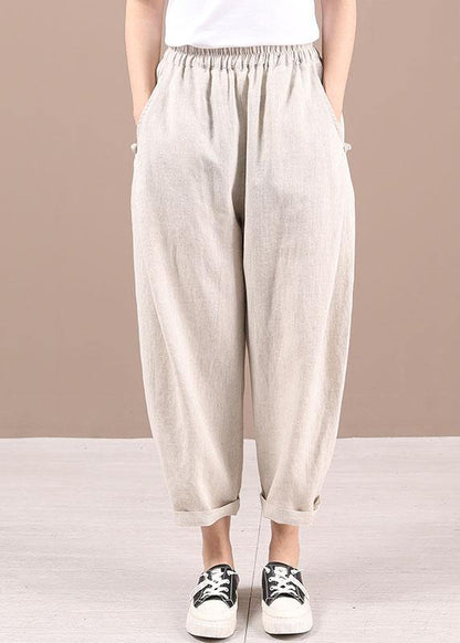 Beige Elastic Waist Pockets Pants Trousers Linen