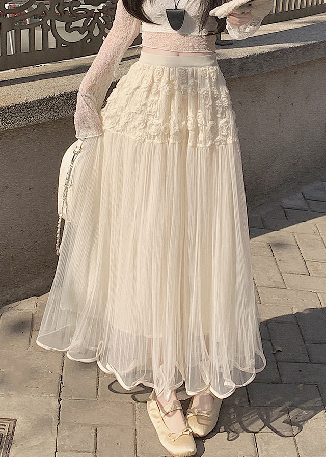 Beige Elastic Waist Tulle Skirt Summer