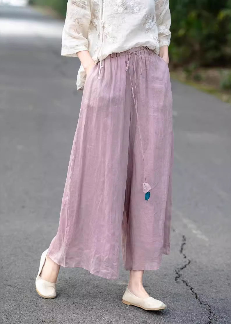 Beige High Waist Elastic Waist Linen Pants Summer