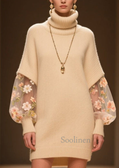 Beige Hign Neck Tulle Patchwork Knit Dress Winter