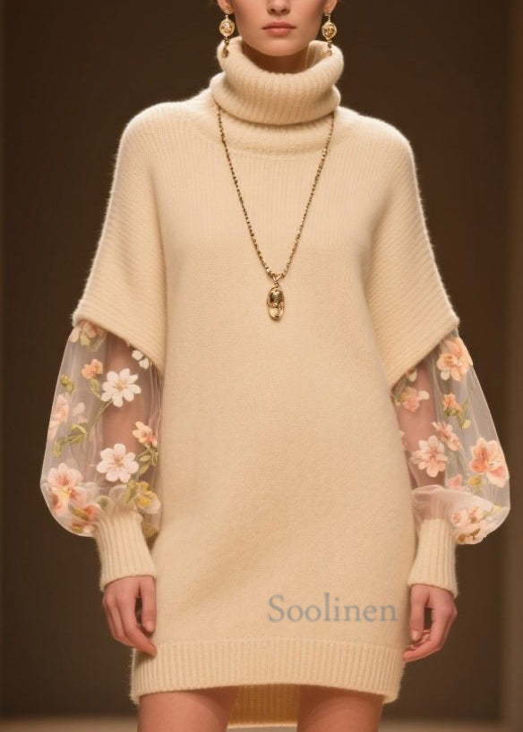 Beige Hign Neck Tulle Patchwork Knit Dress Winter