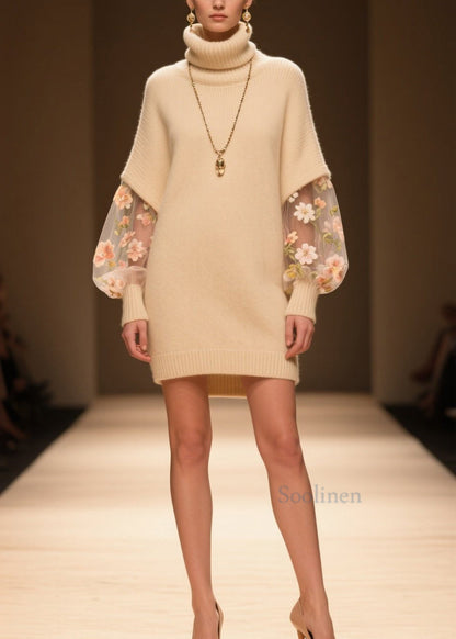 Beige Hign Neck Tulle Patchwork Knit Dress Winter