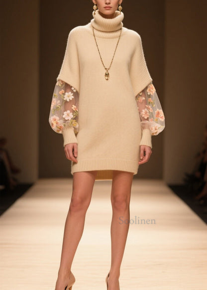 Beige Hign Neck Tulle Patchwork Knit Dress Winter