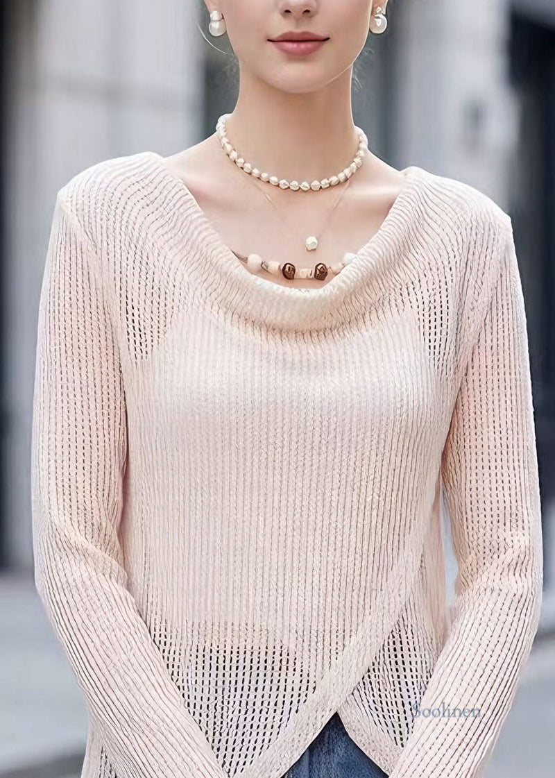 Beige Hollow Out Polyester Tops Spring