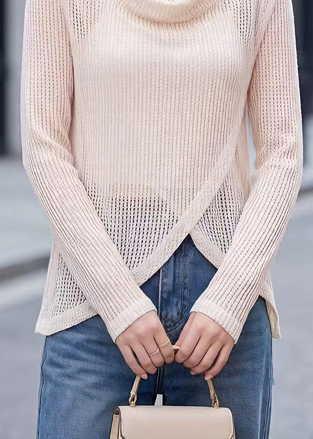 Beautiful Beige Hollow Out Polyester Tops Spring