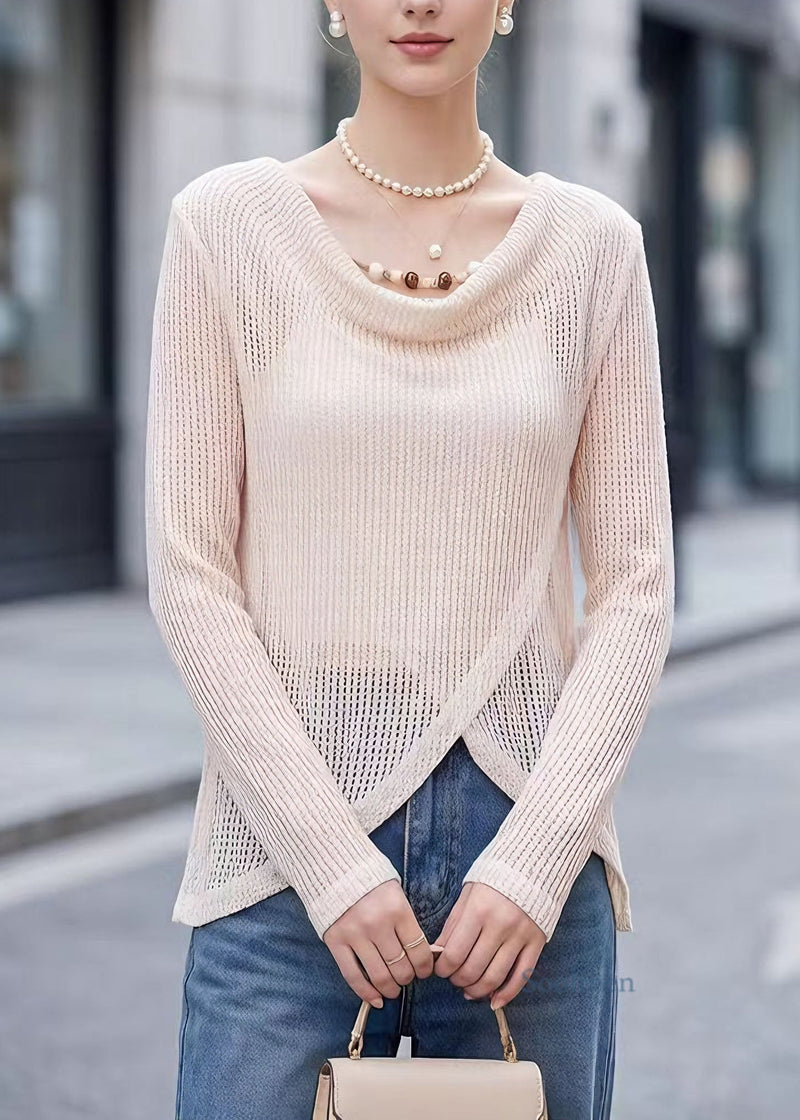 Beige Hollow Out Polyester Tops Spring