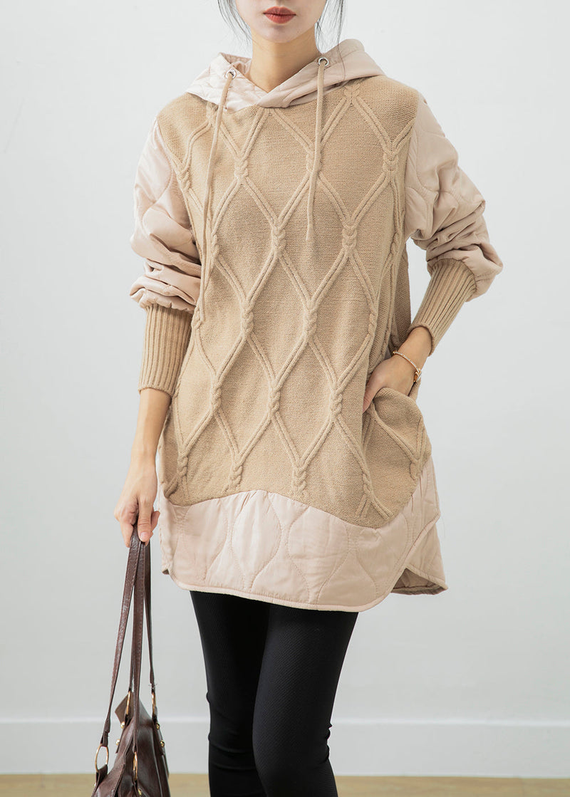 Beige Hooded Patchwork Fine Cotton Filled Sweatshirt Dress Winter