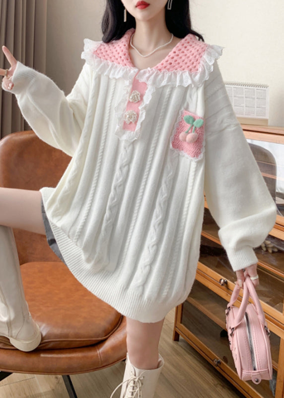 Beige Nail Bead Patchwork Cotton Knit Sweaters Long Sleeve
