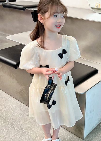 Beige O Neck Bow Patchwork Tulle Kids Dress Summer