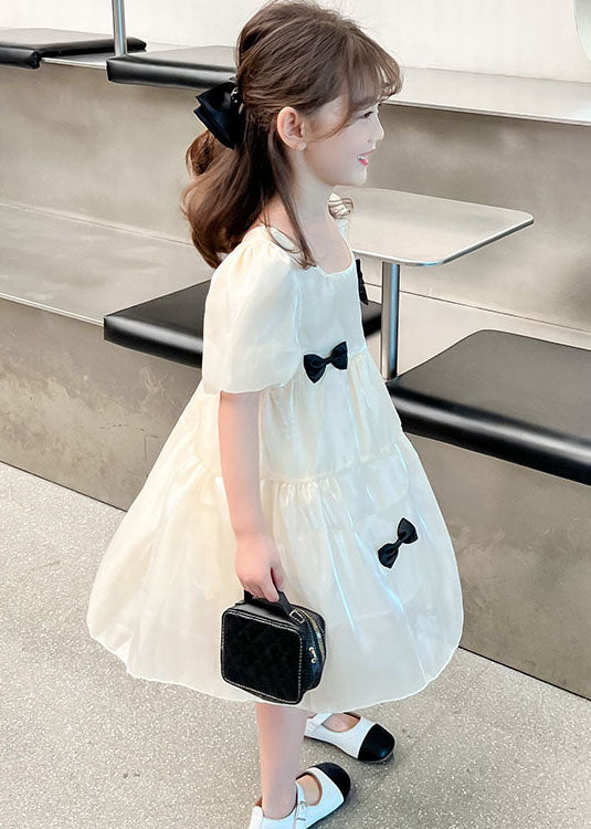 Beige O Neck Bow Patchwork Tulle Kids Dress Summer