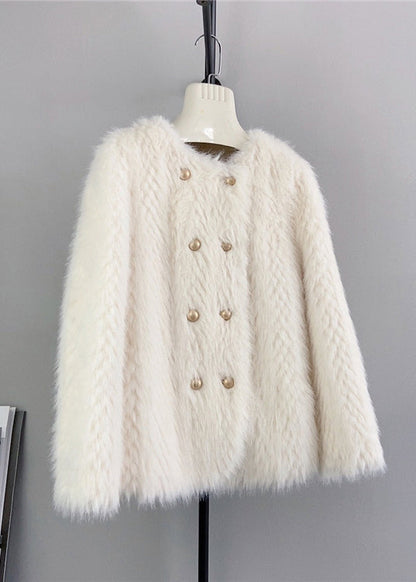 Beige O Neck Double Breast Mink Cashmere Coats Winter