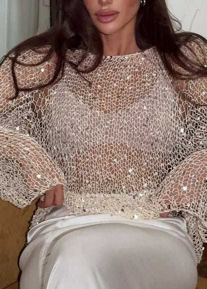 Beautiful Beige O-Neck Hollow Out Sequins Knit Top Spring
