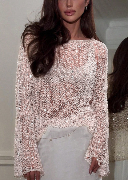 Beautiful Beige O-Neck Hollow Out Sequins Knit Top Spring