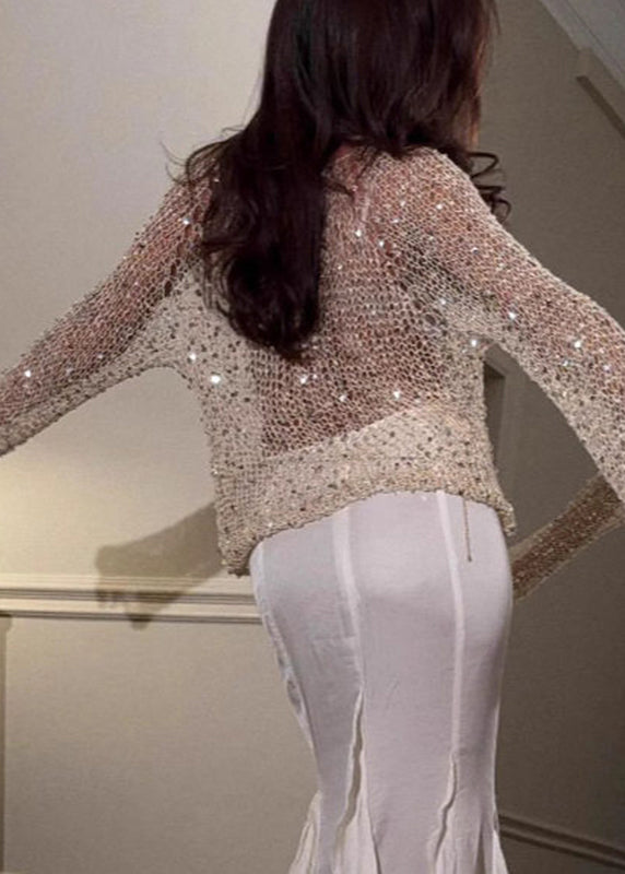 Beige O-neck Hollow Out Sequins Knit Top Spring