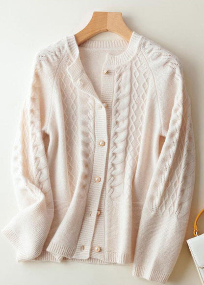 Beige O-neck Pearl Button Wool Knit Cardigan Winter