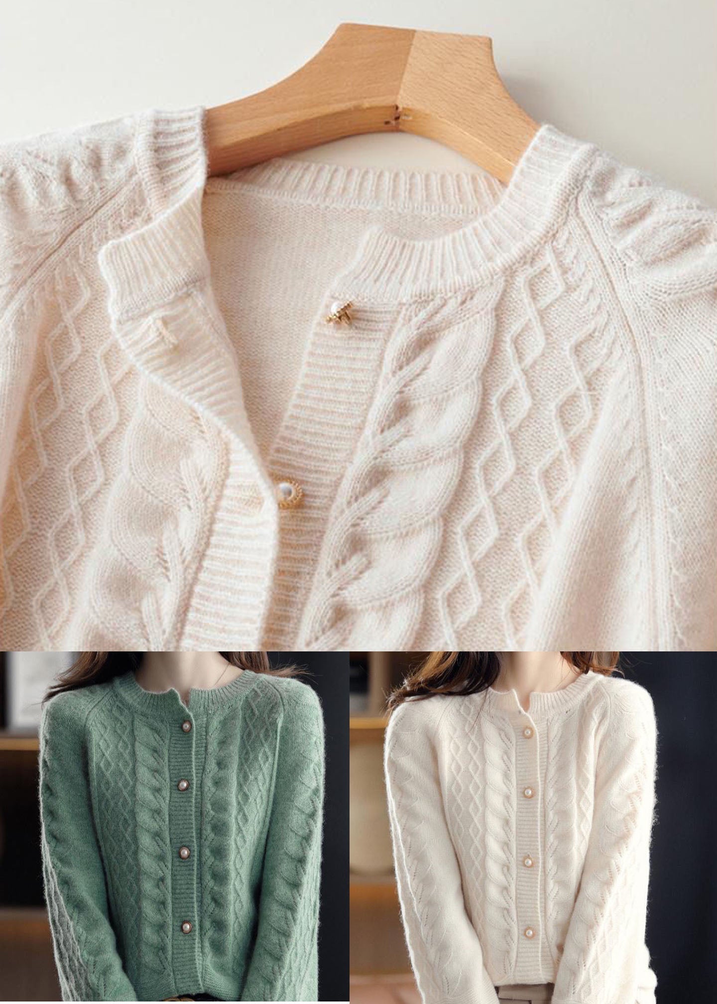 Beige O-neck Pearl Button Wool Knit Cardigan Winter