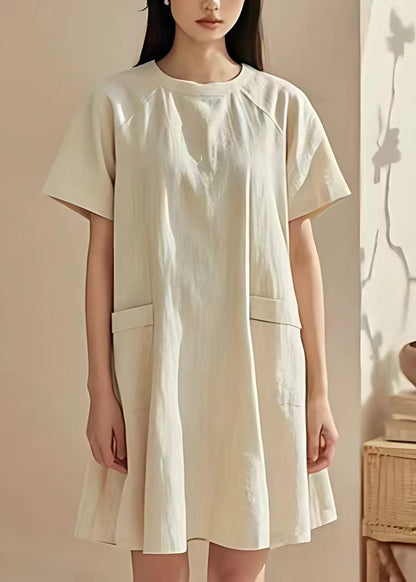 Beige O Neck Pockets Cotton Mid Dresses Summer