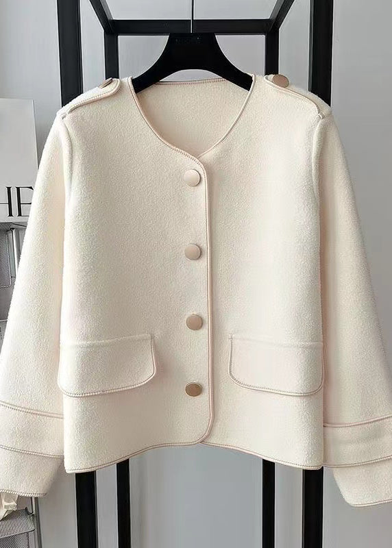 Beige O Neck Pockets Woolen Short Coat Spring