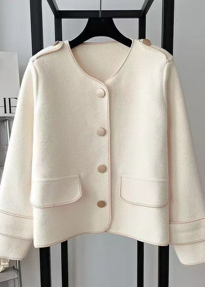 Beige O Neck Pockets Woolen Short Coat Spring