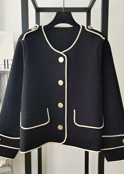Beige O Neck Pockets Woolen Short Coat Spring