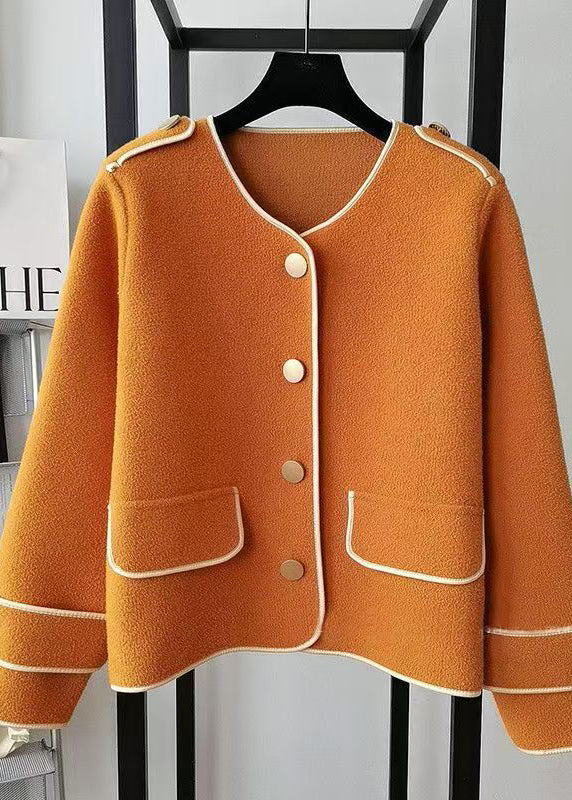 Beige O Neck Pockets Woolen Short Coat Spring