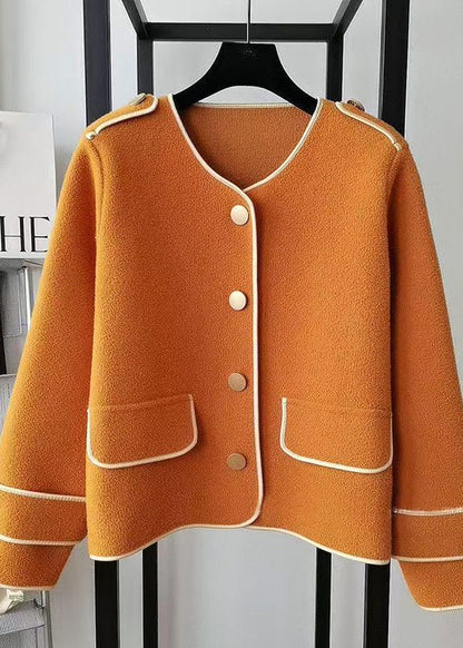 Beige O Neck Pockets Woolen Short Coat Spring