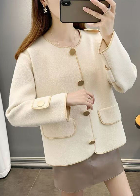 Beige O Neck Pockets Woolen Short Coat Spring