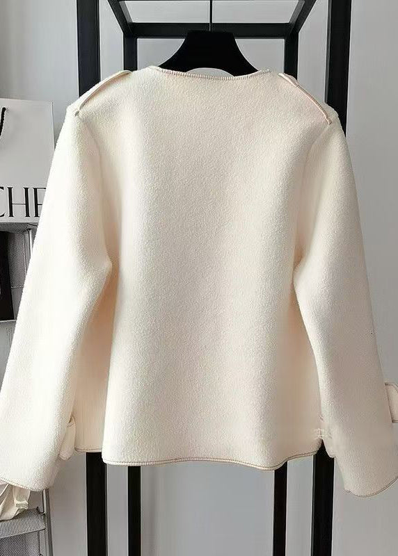 Beige O Neck Pockets Woolen Short Coat Spring