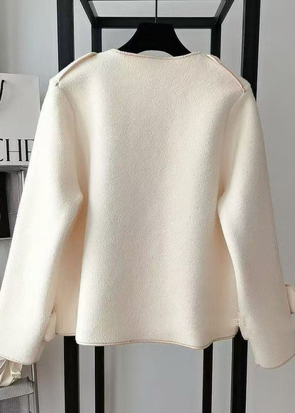Beige O Neck Pockets Woolen Short Coat Spring
