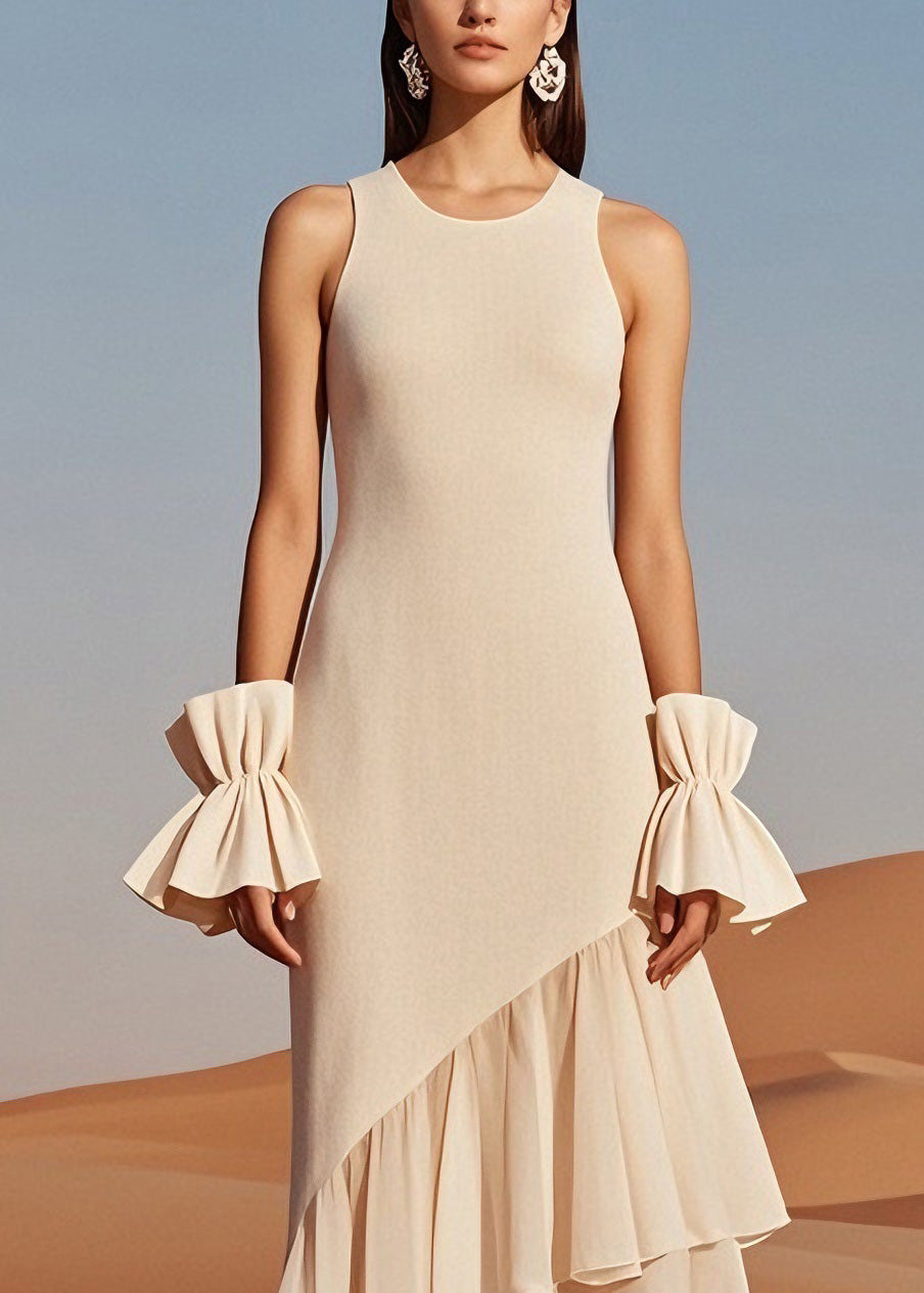 Beige O Neck Wrinkled Patchwork Knit Dress Sleeveless