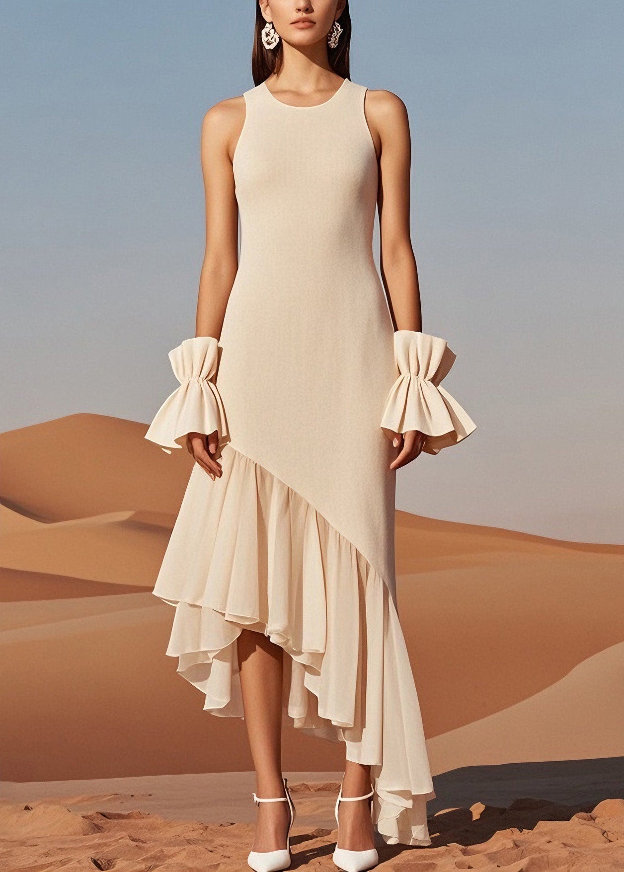Beige O Neck Wrinkled Patchwork Knit Dress Sleeveless