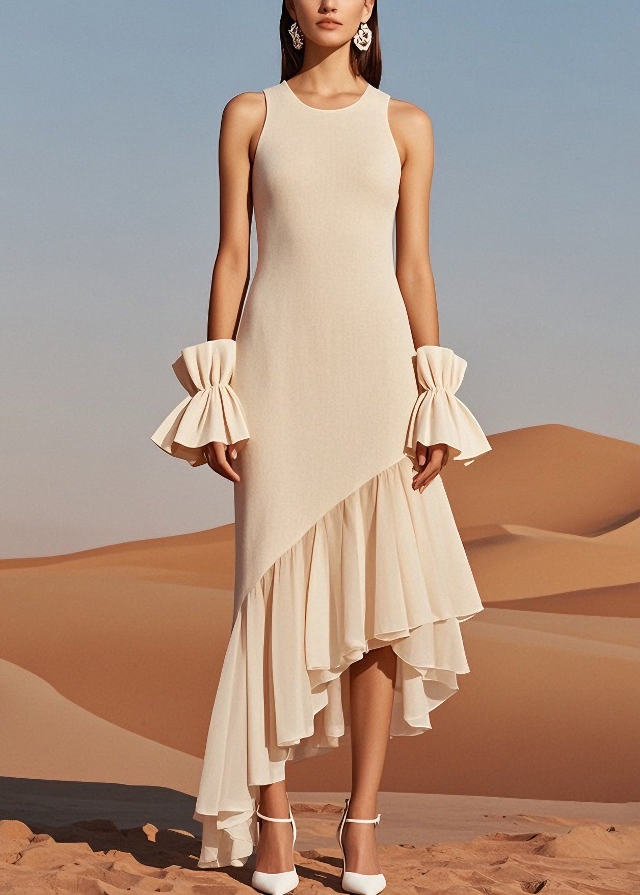Beige O Neck Wrinkled Patchwork Knit Dress Sleeveless