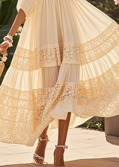 Beige Oversized Patchwork Lace Holiday Dresses Summer
