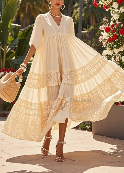 Beige Oversized Patchwork Lace Holiday Dresses Summer