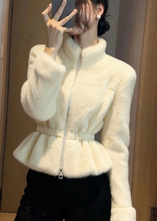 Beige Patchwork Elastic Waist Mink Hair Coats Winter
