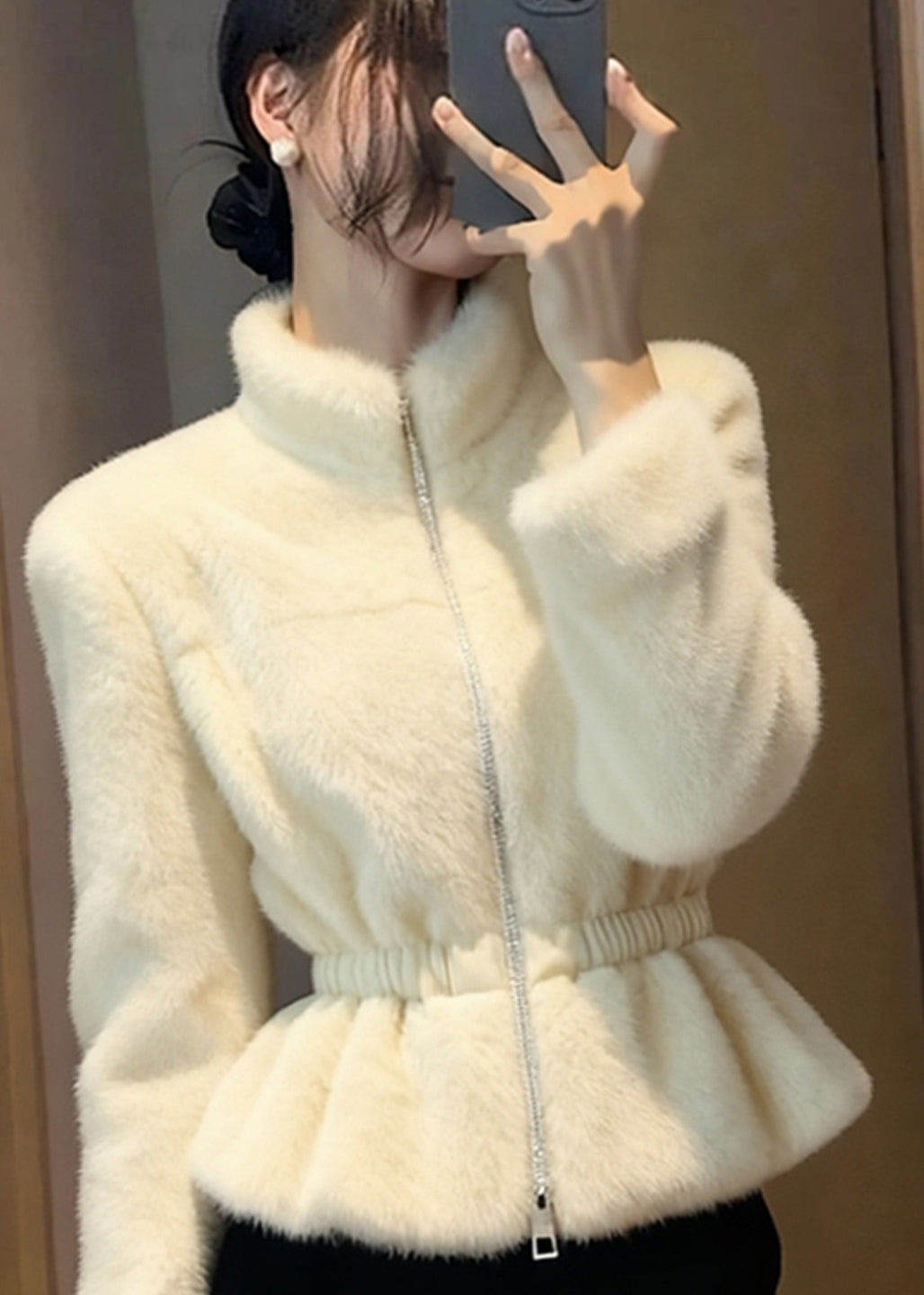 Beige Patchwork Elastic Waist Mink Hair Coats Winter