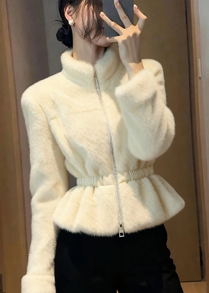 Beige Patchwork Elastic Waist Mink Hair Coats Winter