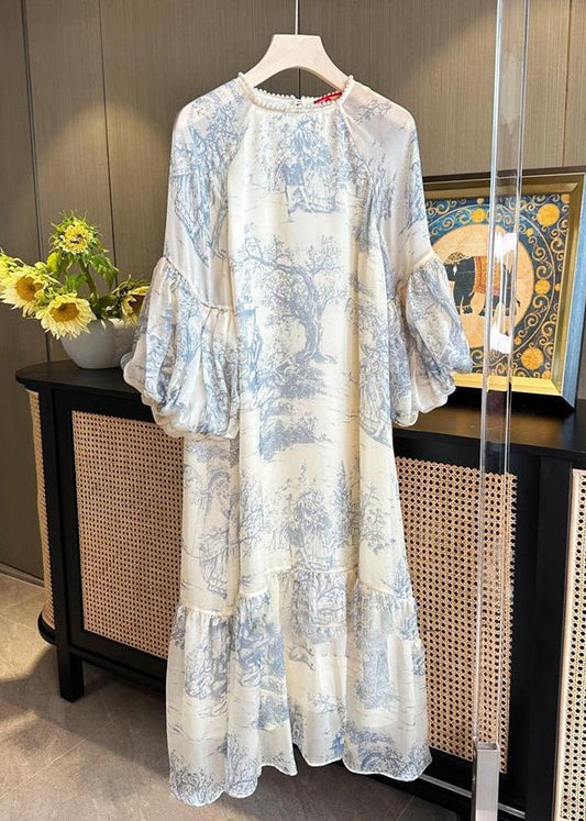 Beige Pearl Print Patchwork Dress Puff Sleeve